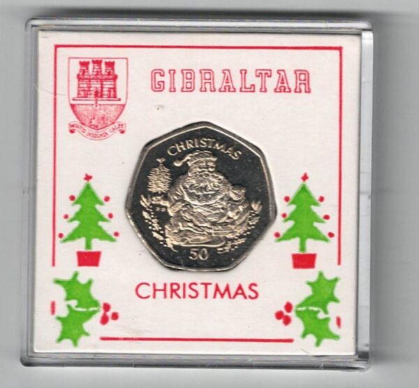 1999 Gibraltar Christmas Fifty Pence Coin. Featuring Queen Elizabeth II on the Obverse. Santa & a Moneys are on the Reverse.