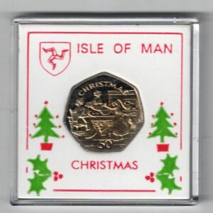 1998 Isle Of Man Christmas Fifty Pence Coin cupro nickel coin featuring Queen Elizabeth II on the Obverse. The reverse features a kitchen scene.