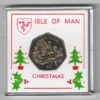 1999 Isle Of Man Christmas Fifty Pence cupro nickel coin featuring Queen Elizabeth II on the Obverse. The reverse features tree decorating.