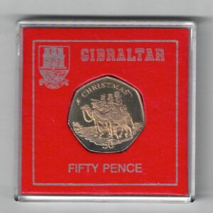 2001 Gibraltar Christmas Fifty Pence Coin. Featuring Queen Elizabeth II on the Obverse. Three wise men are on the Reverse.