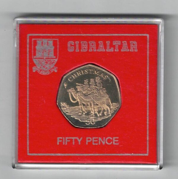 2001 Gibraltar Christmas Fifty Pence Coin. Featuring Queen Elizabeth II on the Obverse. Three wise men are on the Reverse.