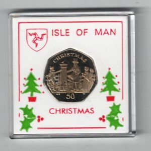 2001 Isle Of Man Christmas Fifty Pence cupro nickel coin featuring Queen Elizabeth II on the Obverse. The reverse features a post box.