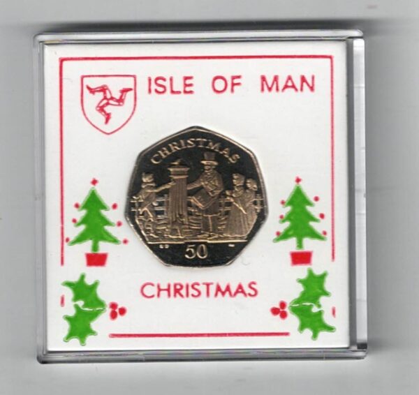 2001 Isle Of Man Christmas Fifty Pence cupro nickel coin featuring Queen Elizabeth II on the Obverse. The reverse features a post box.