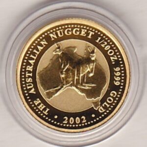 2002 Australia Gold Twentieth Ounce Coin. This Australian Nugget Gold Twentieth Ounce coin was struck in 9999 Fine Gold and weighs approx. 1.571 grams.