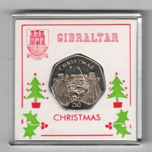 2002 Gibraltar Christmas Fifty Pence Coin. Featuring Queen Elizabeth II on the Obverse. Sheppard's are on the Reverse.