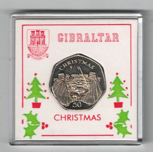 2002 Gibraltar Christmas Fifty Pence Coin. Featuring Queen Elizabeth II on the Obverse. Sheppard's are on the Reverse.