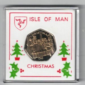 2002 Isle Of Man Christmas Fifty Pence Coin cupro nickel coin featuring Queen Elizabeth II on the Obverse. The reverse features Scrooge in bed.