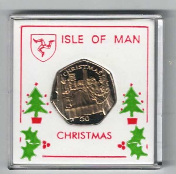 2002 Isle Of Man Christmas Fifty Pence Coin cupro nickel coin featuring Queen Elizabeth II on the Obverse. The reverse features Scrooge in bed.