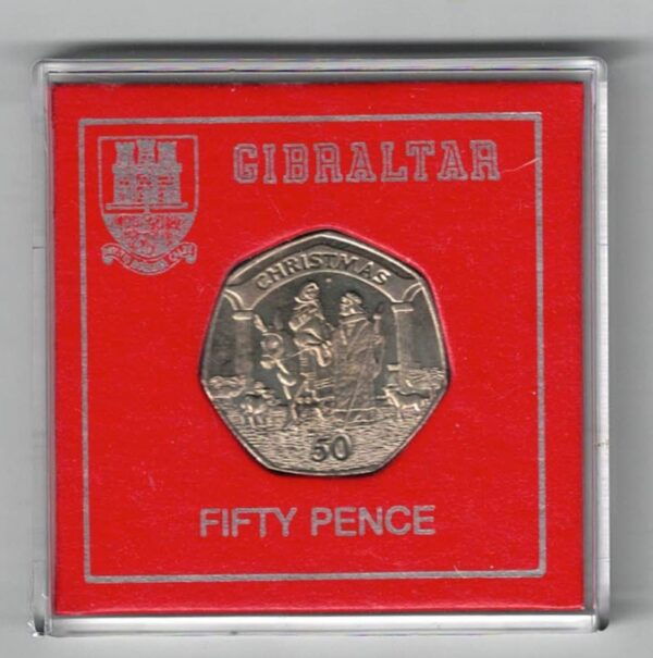 2003 Gibraltar Christmas Fifty Pence Coin. Featuring Queen Elizabeth II on the Obverse. Joseph & Mary are on the Reverse.