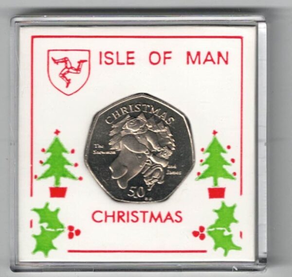 2003 Isle Of Man Fifty Pence Snowman & James cupro nickel coin featuring Queen Elizabeth II on the Obverse. The reverse features Snowman & James.