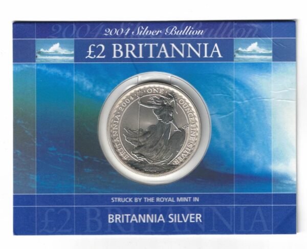 2004 Silver Britannia One Ounce in Card Pack. The coin contains one ounce of fine silver. All of our silver coins have been pre-owned and are in stock.