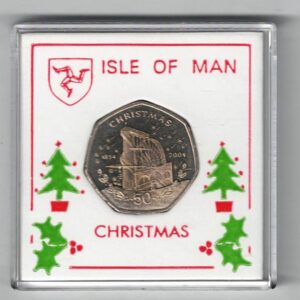 2004 Isle Of Man Christmas Fifty Pence Coin cupro nickel coin featuring Queen Elizabeth II on the Obverse. The reverse features a laxey wheel.