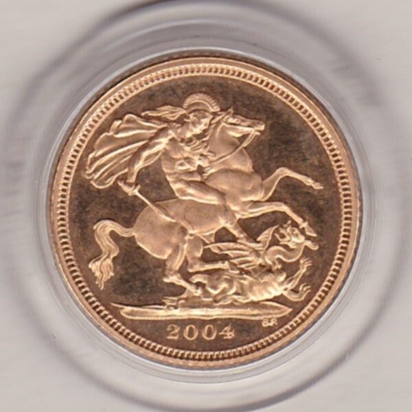 2004 gold proof half sovereign coin in capsule. This coin features Queen Elizabeth II on the obverse and St George and the dragon on the Reverse.