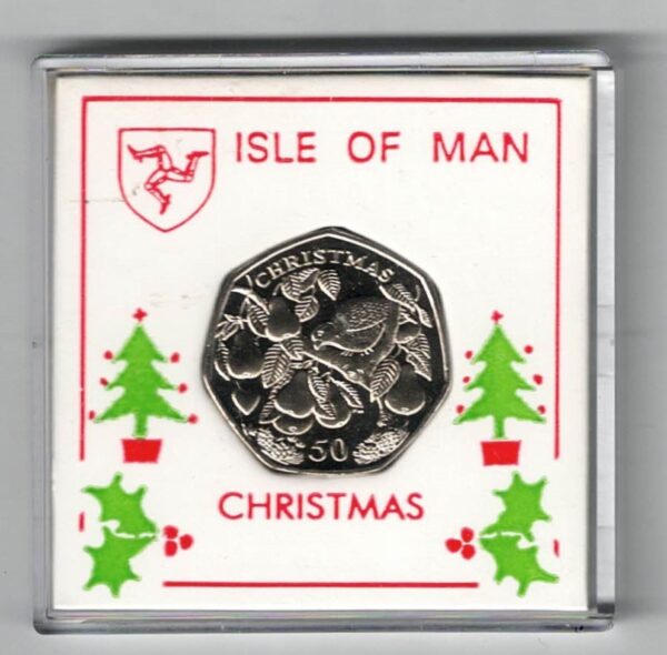 2005 Isle Of Man Christmas Fifty Pence Coin cupro nickel coin featuring Queen Elizabeth II on the Obverse. The reverse features Partridge in a Pear Tree.