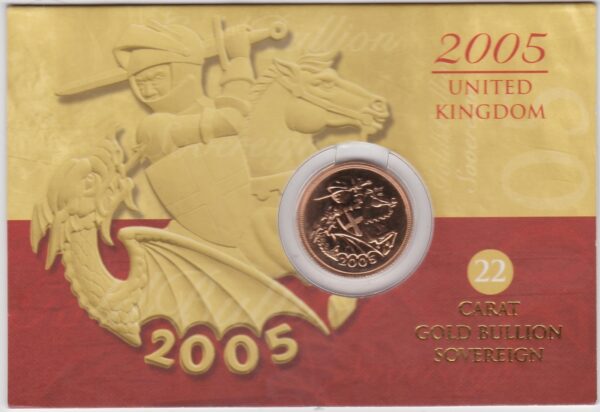 2005 Gold Sovereign Coin - In Royal Mint Card Pack. This coin features the fourth portrait of Queen Elizabeth II on the obverse.