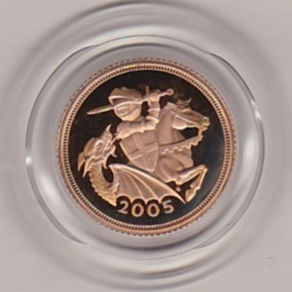 2005 gold proof half sovereign coin featuring queen Elizabeth II on the Obverse & the modern interpretation of St George & the Dragon reverse.