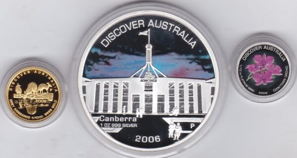 2006 Australia Proof Combination Set. These three coins come in the original wooden box with outer card presentation box.