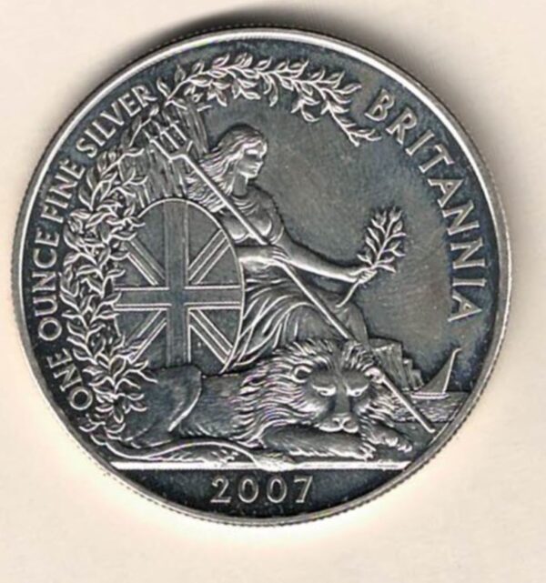 2007 Silver Britannia One Ounce Coin. The coin contains one ounce of fine silver. All of our silver coins have been pre-owned and are in stock.