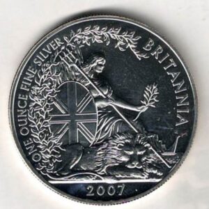 2007 Silver Britannia One Ounce Coin. The coin contains one ounce of fine silver. All of our silver coins have been pre-owned and are in stock.