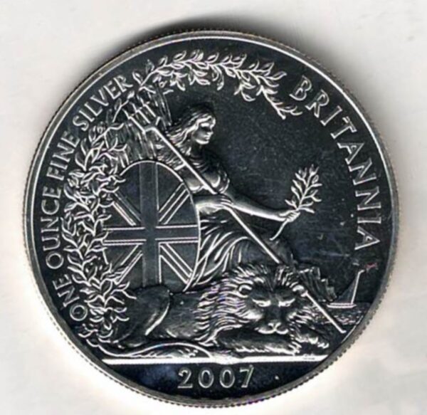 2007 Silver Britannia One Ounce Coin. The coin contains one ounce of fine silver. All of our silver coins have been pre-owned and are in stock.