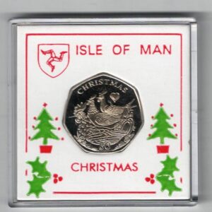 2007 Isle Of Man Christmas Fifty Pence Coin cupro nickel coin featuring Queen Elizabeth II on the Obverse. The reverse features French hens.