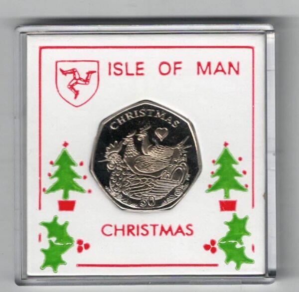 2007 Isle Of Man Christmas Fifty Pence Coin cupro nickel coin featuring Queen Elizabeth II on the Obverse. The reverse features French hens.