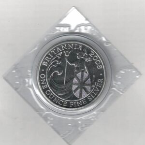 2008 Silver Britannia One Ounce Coin. The coin contains one ounce of fine silver. All of our silver coins have been pre-owned and are in stock.