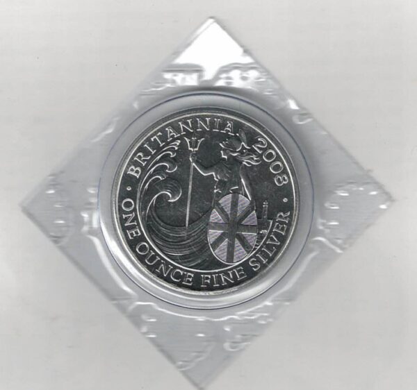 2008 Silver Britannia One Ounce Coin. The coin contains one ounce of fine silver. All of our silver coins have been pre-owned and are in stock.