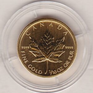 2008 Canada Gold Tenth Ounce Coin. This Gold Tenth Ounce Maple Leaf coin was struck in 9999 Fine Gold and weighs approx. 3.11035 grams.