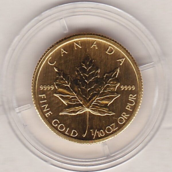 2008 Canada Gold Tenth Ounce Coin. This Gold Tenth Ounce Maple Leaf coin was struck in 9999 Fine Gold and weighs approx. 3.11035 grams.