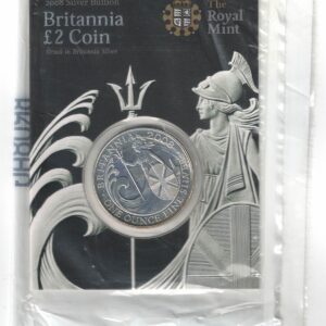 2008 Silver Britannia One Ounce In Card Pack. The coin contains one ounce of fine silver. All of our silver coins have been pre-owned and are in stock.