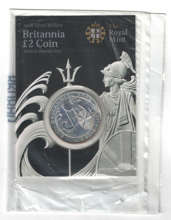 2008 Silver Britannia One Ounce In Card Pack. The coin contains one ounce of fine silver. All of our silver coins have been pre-owned and are in stock.