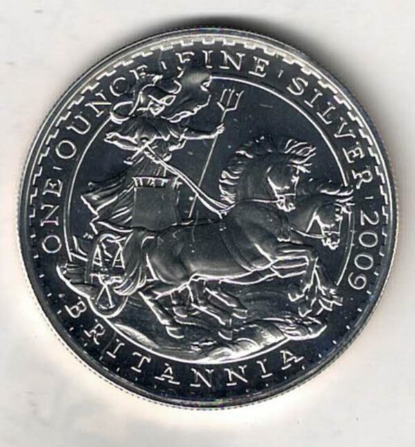 2009 Silver Britannia One Ounce Coin. The coin contains one ounce of fine silver. All of our silver coins have been pre-owned and are in stock.