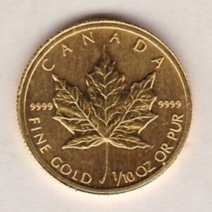 2009 Canada Gold Tenth Ounce Coin. This Gold Tenth Ounce Maple Leaf coin was struck in 9999 Fine Gold and weighs approx. 3.11035 grams.