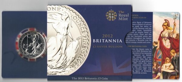 2012 Silver Britannia One Ounce Coin. The coin contains one ounce of fine silver. All of our silver coins have been pre-owned and are in stock.