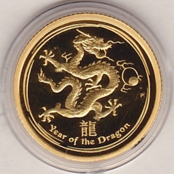 2012 Gold Australia Tenth Ounce Dragon coin. This proof gold coin features Queen Elizabeth II on the Obverse. The dragon on the Reverse.