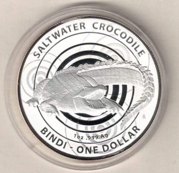 2013 Silver Australia One Ounce Saltwater Crocodile. Elizabeth II is on the obverse, The coin contains one ounce of 999 fine silver.