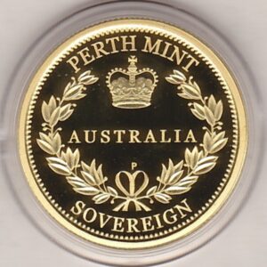 2014 Gold Proof Australia Sovereign coin. This coin features the portrait of Queen Elizabeth II on the obverse. The date and denomination on the reverse.