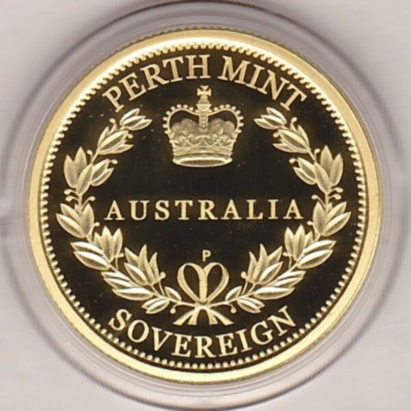 2014 Gold Proof Australia Sovereign coin. This coin features the portrait of Queen Elizabeth II on the obverse. The date and denomination on the reverse.