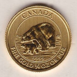 2015 Gold Canada Quarter Ounce coin. This coin features Queen Elizabeth II on the obverse and polar bears on the reverse.