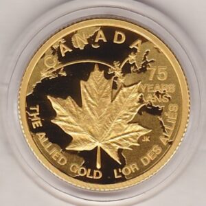 2015 Gold Proof Canada Quarter Ounce coin. This coin features Queen Elizabeth II on the obverse and the Maple leaf on the reverse.