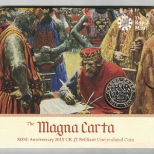 2015 Two Pound Coin Magna Carta. Cupro nickel brass coin featuring Queen Elizabeth II on the Obverse. The Reverse features Magna Carta.