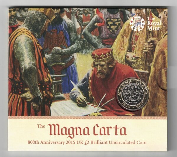 2015 Two Pound Coin Magna Carta. Cupro nickel brass coin featuring Queen Elizabeth II on the Obverse. The Reverse features Magna Carta.