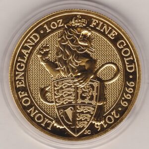 2016 Gold One Ounce Lion of England. This coin was issued as part of the Queen's Beasts series by the Royal Mint. One ounce gold coin.