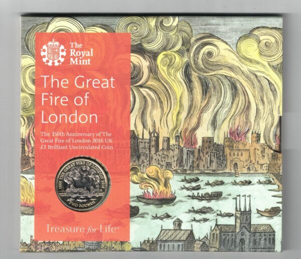 2016 Two Pound Coin The Great Fire Of London Cupro nickel brass coin featuring Queen Elizabeth II on the Obverse. The Reverse features the great fire.