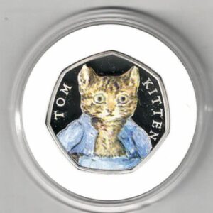 2017 Silver Proof Fifty Pence Coin Tom Kitten. This coin comes in the original box with certificate as issued by the royal mint.