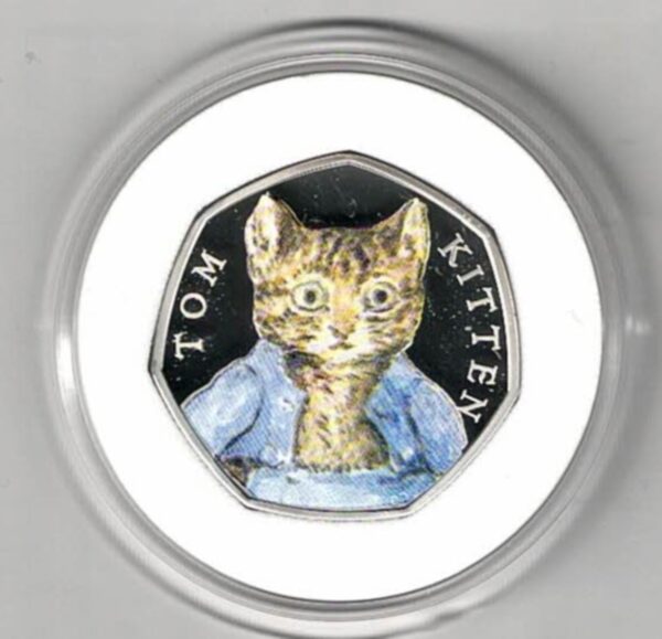 2017 Silver Proof Fifty Pence Coin Tom Kitten. This coin comes in the original box with certificate as issued by the royal mint.