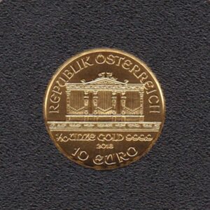 2018 Austria Gold Tenth Ounce Philharmonic Coin. The obverse features a pipe organ in the Vienna Musikverein's Golden Hall.