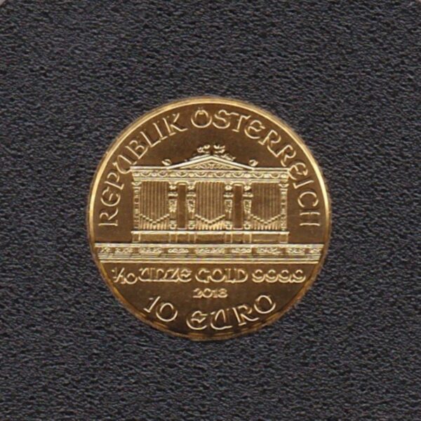 2018 Austria Gold Tenth Ounce Philharmonic Coin. The obverse features a pipe organ in the Vienna Musikverein's Golden Hall.