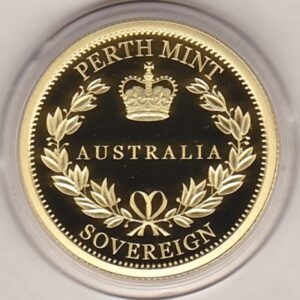 2018 Gold Proof Australia Sovereign coin. This coin features the portrait of Queen Elizabeth II on the obverse. The date and denomination on the reverse.